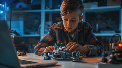 School Science Class with Gifted Brilliant Children Working with Technology. Young Schoolboy builds a robot and uses laptop to program software for robotics class.