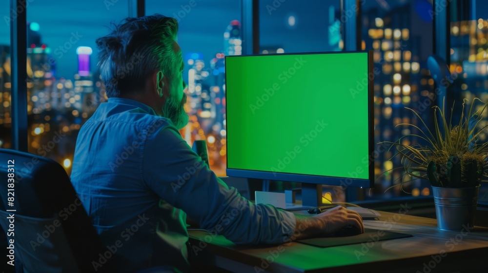 Poster in the evening, creative employees working on computers in the office with cityscape view are seated