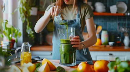 Authentic Stylish Kitchen with Healthy Vegetables. Organic Farm Clean Products Used to Make Drinks. Beautiful Young Female Blending Green Smoothie in a Blender.