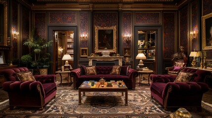 A classical salon with intricately patterned wallpaper, plush velvet settees, and gilded accents, providing a refined backdrop for elegant gatherings and intellectual discourse.