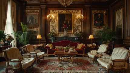 A classical salon with intricately patterned wallpaper, plush velvet settees, and gilded accents, providing a refined backdrop for elegant gatherings and intellectual discourse.