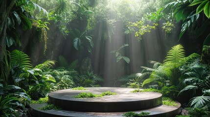 Stylish podium stage amidst lush green forest Focus on presenting products that are environmentally friendly.