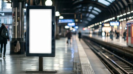 In the heart of the train station, a lightbox vertical billboard with a blank digital screen stands out. This mockup, featuring a white poster, is ideal for displaying public information or ads to 