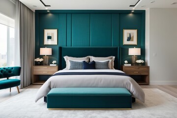 Master Bedroom Design With Teal Blue Headboard