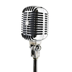 Vintage Silver Microphone on Stand Isolated on Transparent Background