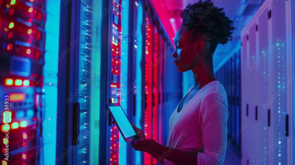 Poster using a tablet computer as a data center engineer. multiethnic female system administrator with data