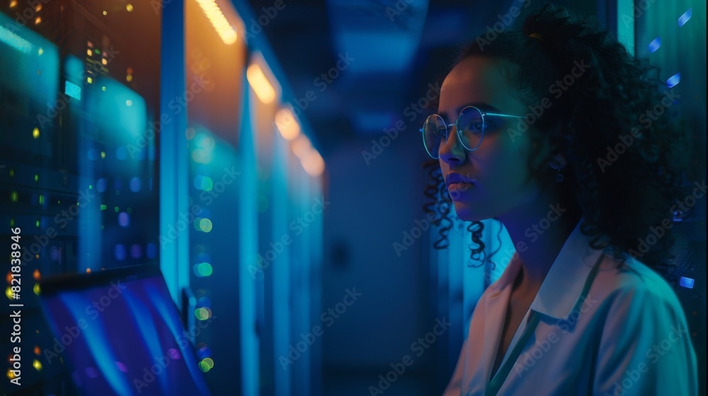 Poster data center engineer using laptop. multiethnic system administrator working with cyber security data