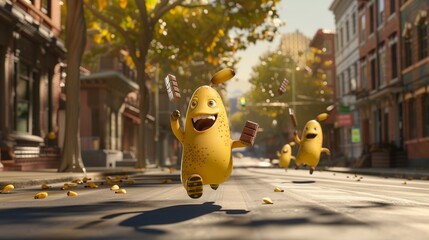 a giant cute, happy banana character runs down the street towards the camera, each holding a bar of chocolate