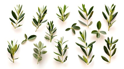 Fototapeta premium Fresh Olive Branches Arranged Neatly on a White Background. Perfect for Design and Culinary Themes. Nature Inspired Art. AI