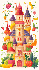 A cute vector illustration of a fruit fairytale castle with apple, banana, orange, and strawberry princesses and knights, on white.