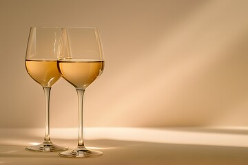 Two glasses of white wine champagne on a shimmering background.