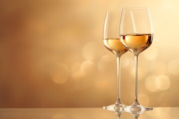 Two glasses of white wine champagne on a shimmering background.