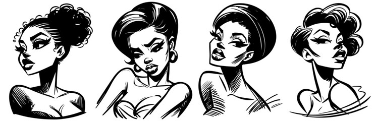 african pin-up girl, beauty woman,  black and white vector with transparent background, monochrome illustration, decorative shape sketch for laser cutting engraving print silhouette comic character
