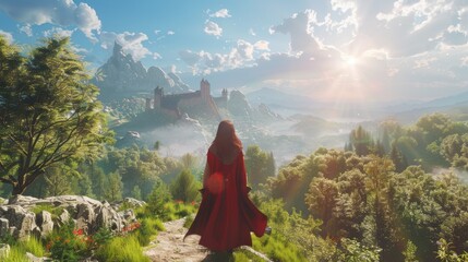 An open world sandbox fantasy video game mockup with footage of the female main character on an adventure, exploring the environment. A 3D render of a magical realm is shown.