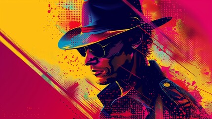A dynamic pop art-style poster of a man in a fedora hat, rendered in bold colors and graphic...