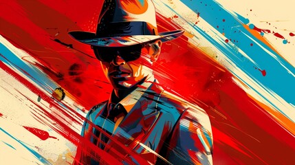 A dynamic pop art-style poster of a man in a fedora hat, rendered in bold colors and graphic shapes, with a sense of motion and energy.