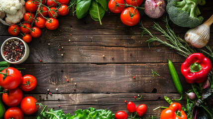 Healthy vegan foods background. Vegetables on the wooden table in top view