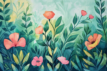 Spring Bloom, Spring's renewal, vibrant greens & florals, cartoon drawing, water color style 