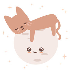 cutehand drawn cartoon character cat sleeping on the moon surrounded by stars funny vector illustration for kids