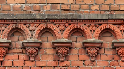 Classic Red Brick Parapet Wall with Arched Motifs and Historical Design