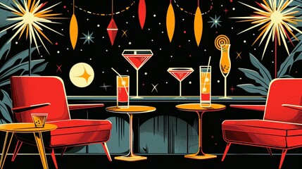 A flyer featuring a retro cocktail party invitation, with elegant illustrations of vintage cocktails and swanky typography 