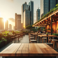 The empty wooden tabletop provides a perfect backdrop for showcasing food, drinks, or products against the backdrop of a bustling city street.