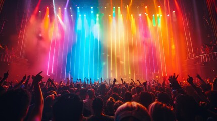 LGBTQ pr1de concert, rainbow lights, lively crowd, energetic performance. Music Event on PRIDE Festival with colourful flags and spotlights, LGBTQ