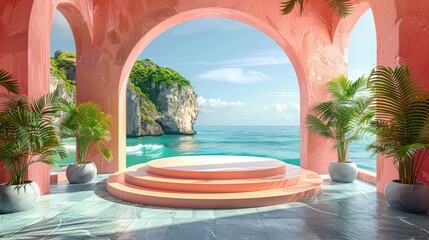 Obraz premium Minimalist podium stage with a beach scene in the background, highlighting summer product launches.