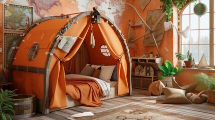 Rustic Orange Kids' Adventure Room with Tent Bed and Map Decor