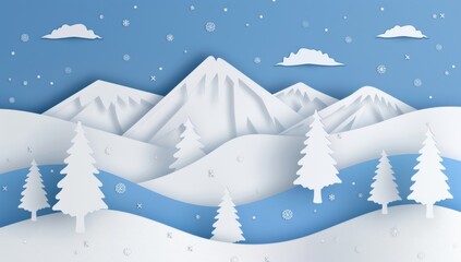 Fototapeta na wymiar Abstract paper cut art of snowcovered mountains and trees, simple shapes, flat design, white color palette, vector illustration style.