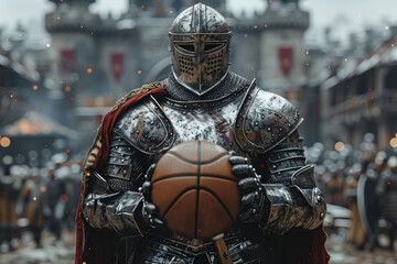 Medieval knight basketball player stands with a basketball before the game in the background of the...