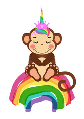 Cute unicorn monkey sitting on rainbow