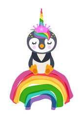 Cute unicorn penguin sitting on rainbow