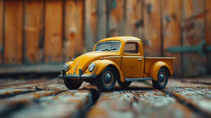 A mustard yellow toy car positioned on a rustic brown background, featuring a blank area for...