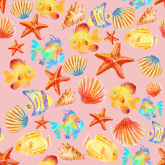 seamless pattern with fishes. ocean background. Watercolor illustration. 