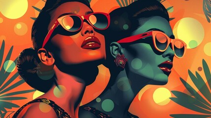 A poster in trendy retro colors advertising a retro fashion show, with vintage-inspired illustrations of fashion models and bold typography reminiscent of 1960s fashion magazines
