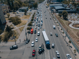 A truck and a car collided on the highway. Serious accident. Traffic accidents on the road. View...