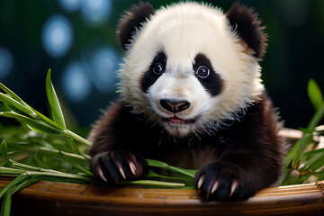 Draw a picture of a cute baby panda bear finding something to eat Generative AI