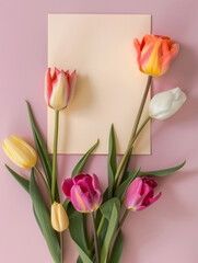 Fototapeta premium Vibrant Roses and Tulips: Elegant Floral Greeting Card Design
