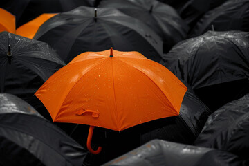 Stand Out in a Crowd A Lone Orange Umbrella Among Black Ones 