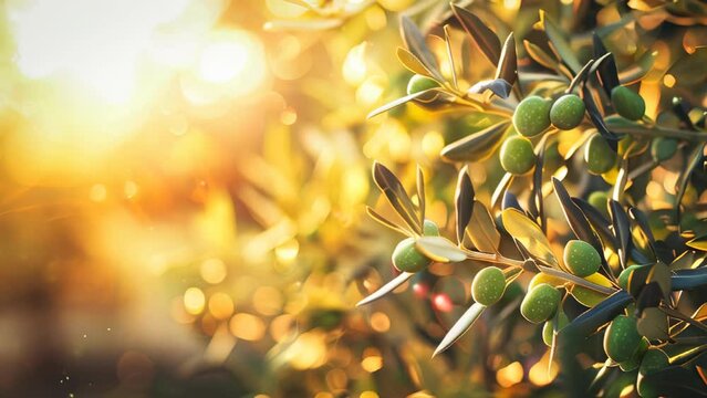 A beautiful olive tree branch with green olives against blurred nature background at sunset