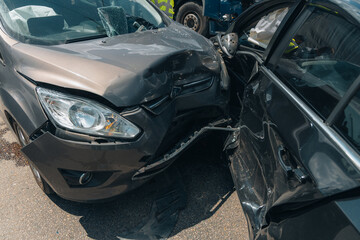 A car collided on the highway. Serious accident. Traffic accidents on the road. Traffic jam. Insured event on the road.