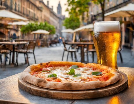 Close-up of a margherita pizza on a round wooden plate on a small table outside a restaurant. Next to it a glass of cold beer. Blurred background of empty tables and a city street.