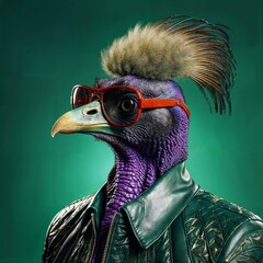 Photo of Realistic Cassowary Wearing Green Leather Jacket. Abstract concept. A bird stand and posing like a human. Studio composition.