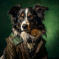 Photo of Realistic Australian Sheperd Wearing Steampunk Clothes. Abstract concept. A dog stand and posing like a human. Studio composition.