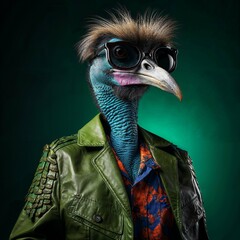 Photo of Realistic Cassowary Wearing Green Leather Jacket. Abstract concept. A bird stand and posing like a human. Studio composition.
