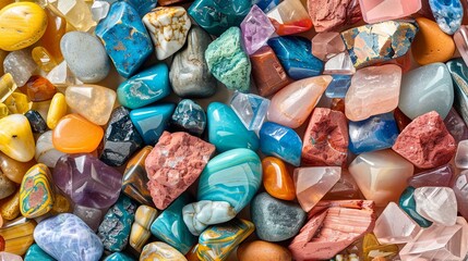 Colorful assortment of polished gemstones and crystals