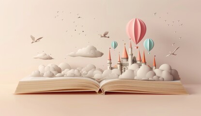 A book with open pages that form the shape of a fairy tale world, with hot air balloons and castles floating in it.