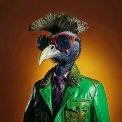 Photo of Realistic Cassowary Wearing Green Leather Jacket. Abstract concept. A bird stand and posing like a human. Studio composition.
