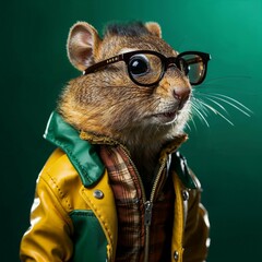 Photo of Realistic Chipmunk Wearing Yellow and Green Jacket. Abstract concept. A chipmunk stand and posing like a human. Studio composition.